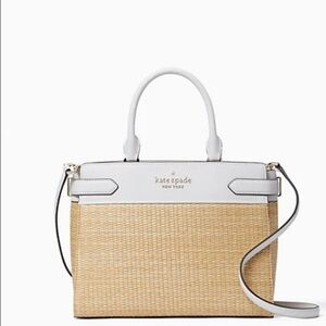 NWT Kate Spade White and Natural Woven Leather-Trim Staci Straw Satchel